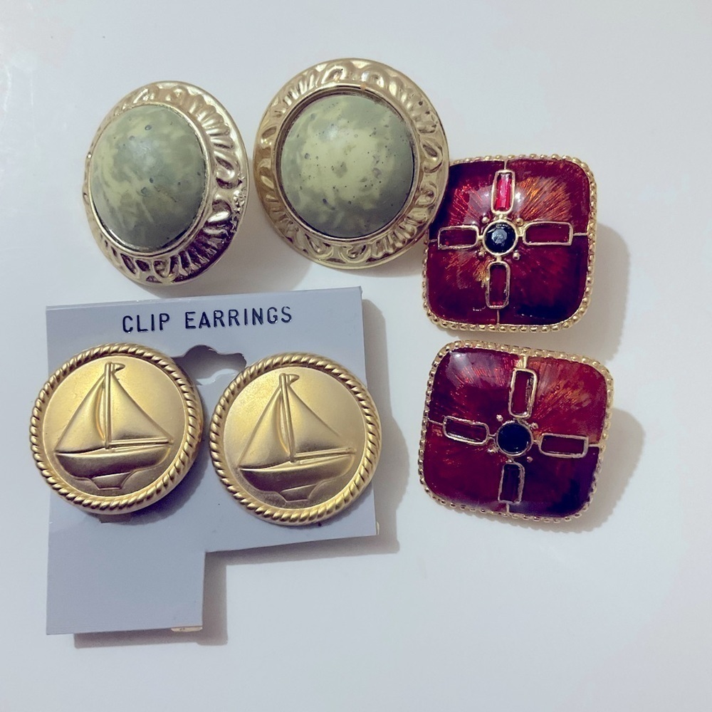 Vintage Clip On Earrings Lot of 3 Pairs Green Gold Burgundy Metal Button Square